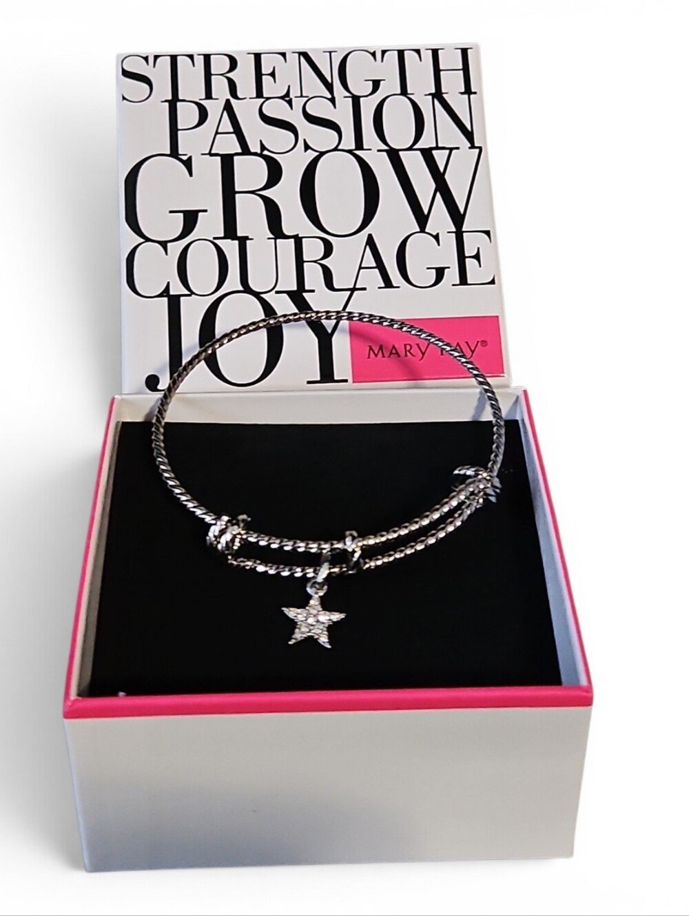 Mary Kay Silver-Tone Expandable Cable-Syle Bangle w/ Rhinestone Star Charm ~ NIB